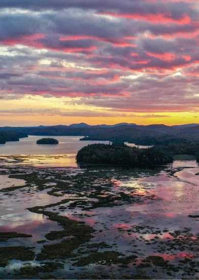 A view over Tupper Lake in the Adirondacks at sunset.