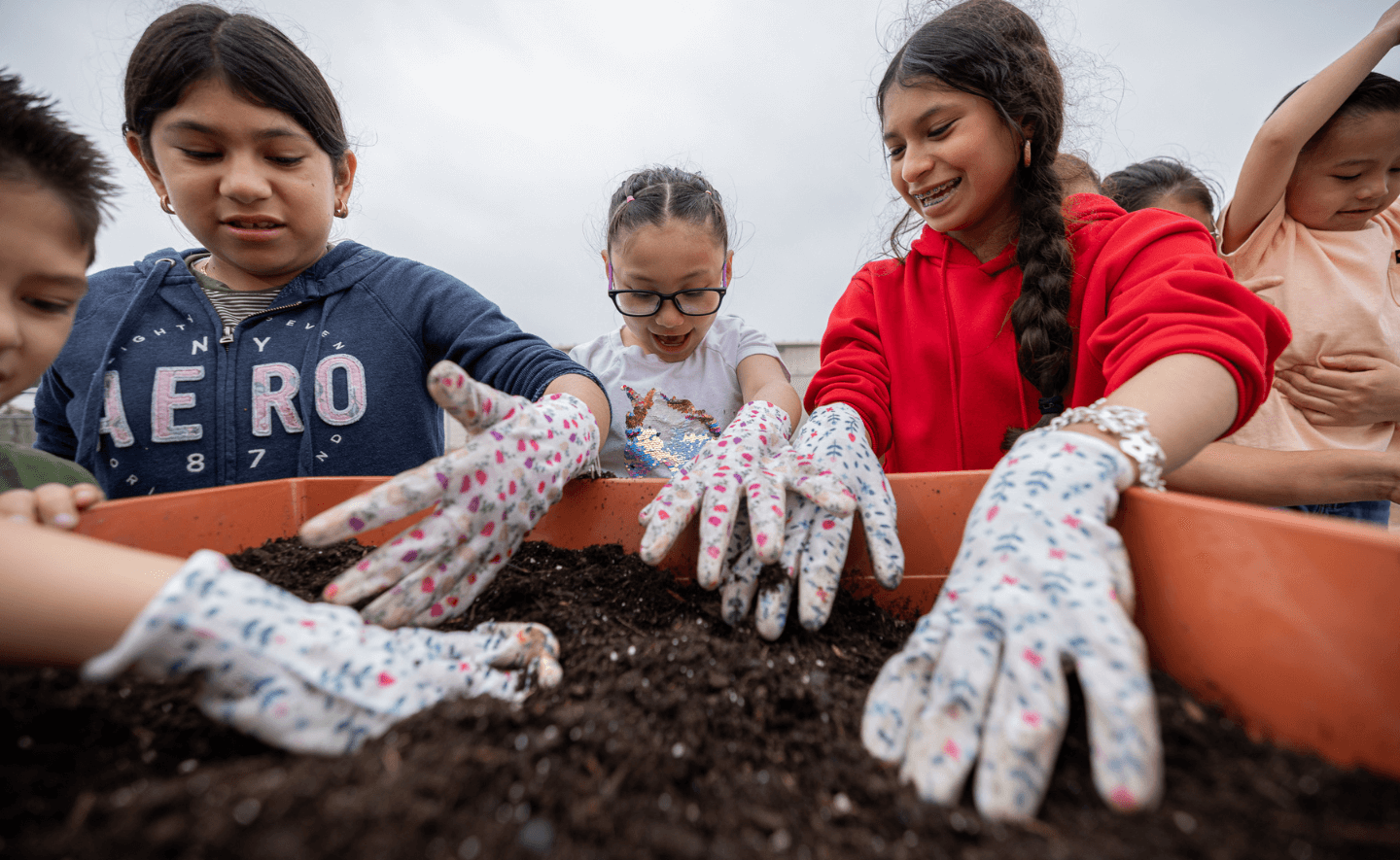 Young children wearing gardening gloves digging in dirt