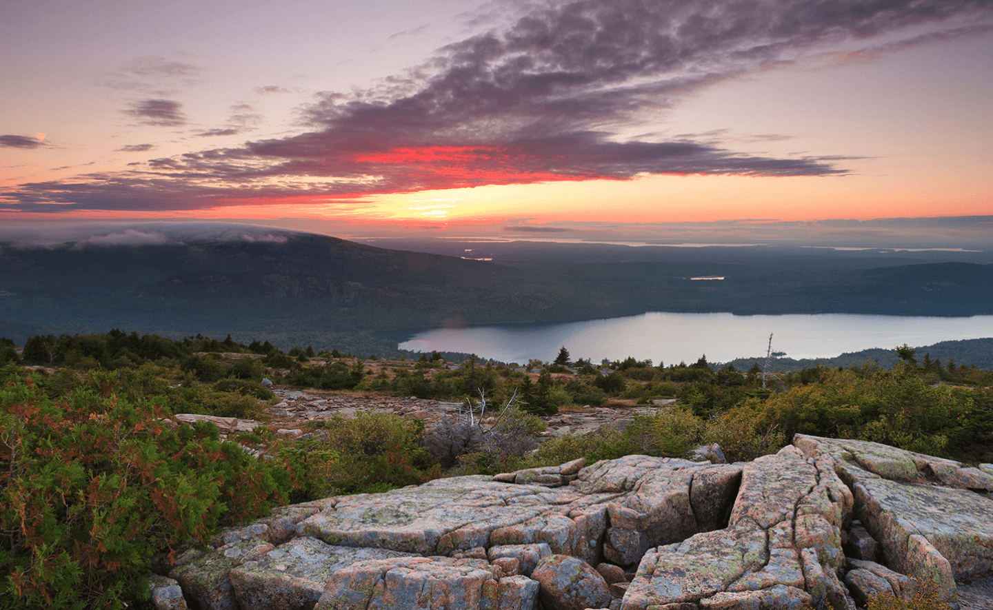 Peak overlooking water with sunrise at Acadia National Park