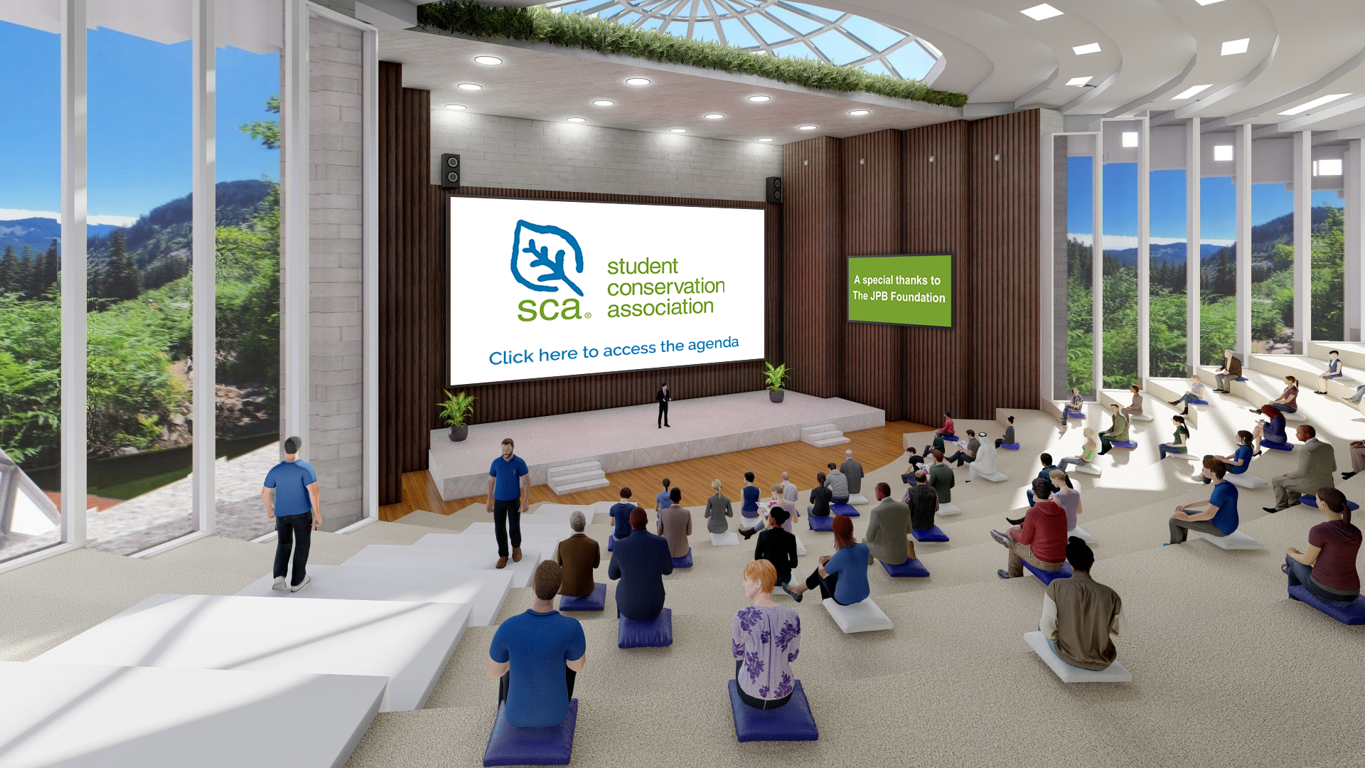 Avatars of people seated in a virtual auditorium.