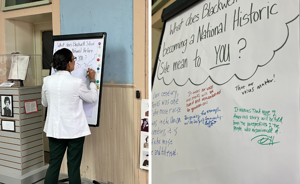 Split image: On the left, Sec. Deb Haaland stands with her back to the camera writing on a giant Post-it note in green marker. On the right: A close-up of her writing which reads "It means that more of America's story will be told from the perspectives of the people who experienced it." 