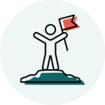 A logo of a person standing on mountain top holding a flag