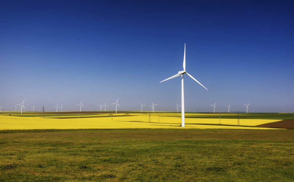 A farm field covered in clean energy-generating windmills.