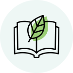 A logo of a book with a leaf