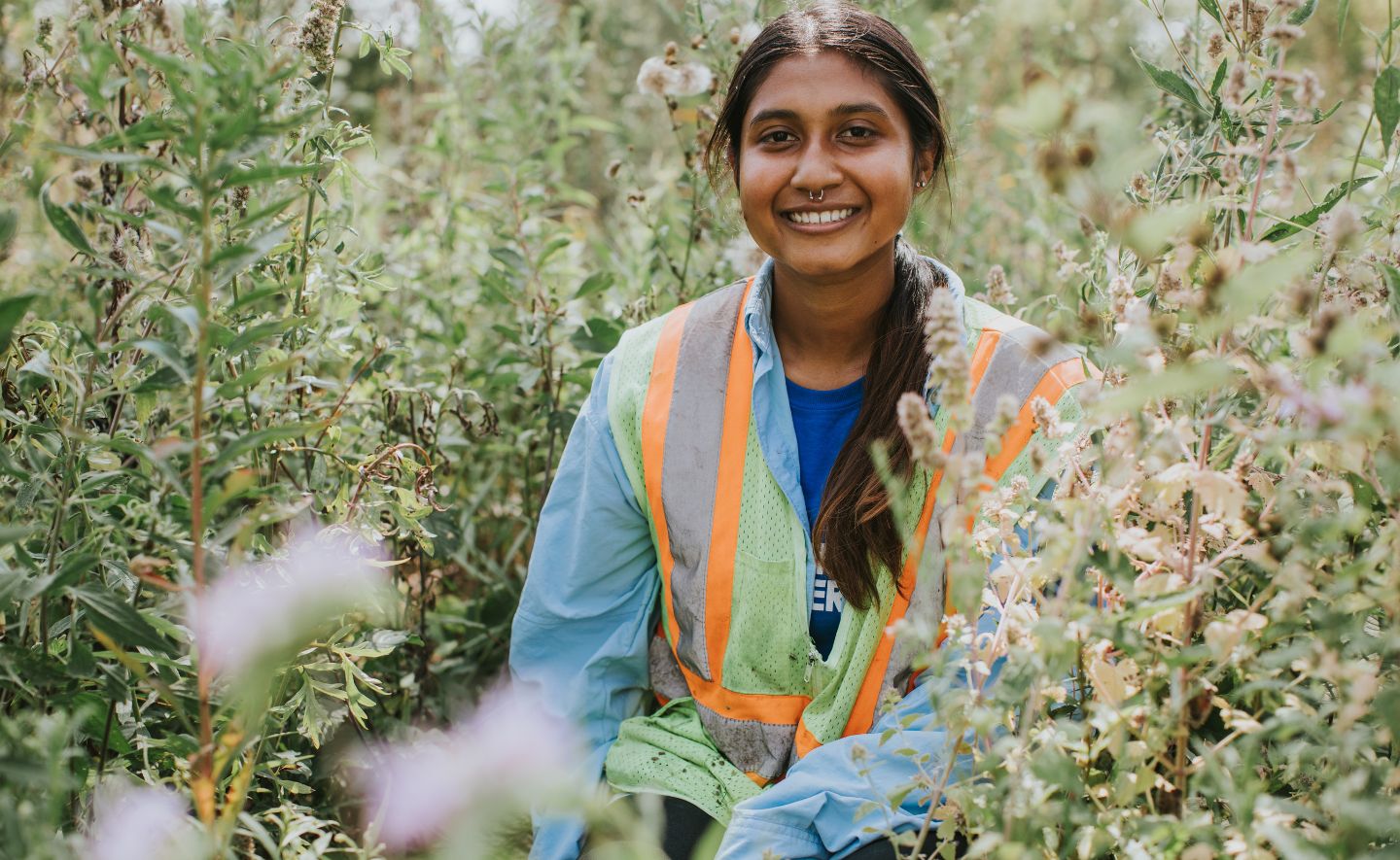 A person wearing a safety vest sitting in a field of flowers