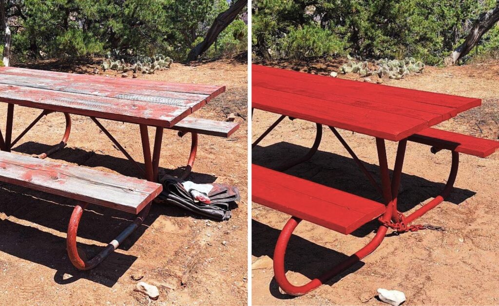 Two images of a picnic table before and after restoration. The first shows the table with weathered and faded paint, while the second image displays the same table with a fresh coat of bright red paint. The picnic table is one of several restored by the Four Corners Youth Crew at Navajo National Monument.