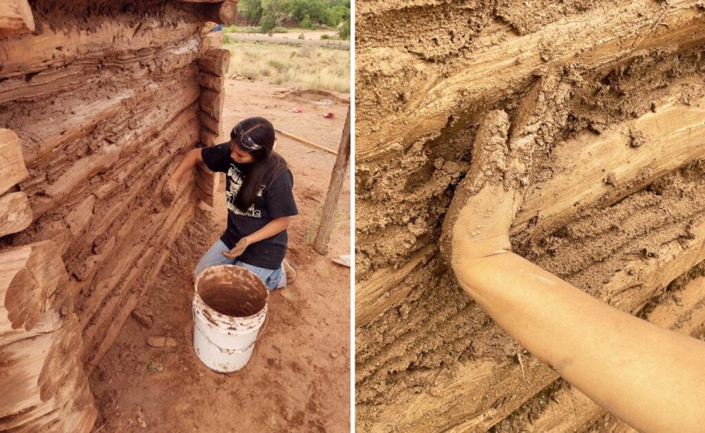 Left image shows a person applying mud to a traditional log dwelling called a "hogan" outdoors at Navajo National Monument. Right image is a close-up of a hand smoothly applying mud to an exterior wall.