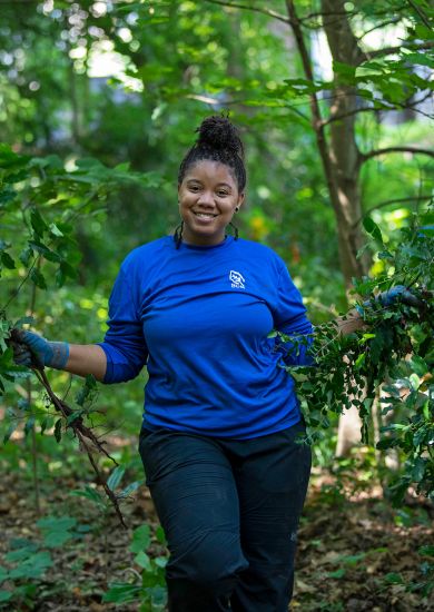 SCA crew member wearing blue t-shirt holding invasive species branches while standing in woods