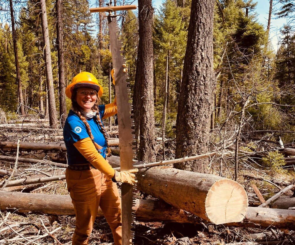 Triple Crown Hiker Kelly Graner, in a blue SCA t-shirt and yellow hard hat, stands in a wooded area beside a freshly cut log, holding an antique logging saw that's a full foot taller than she is.