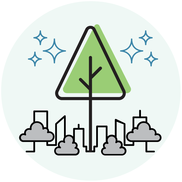 A green triangle tree with a city in the background graphic