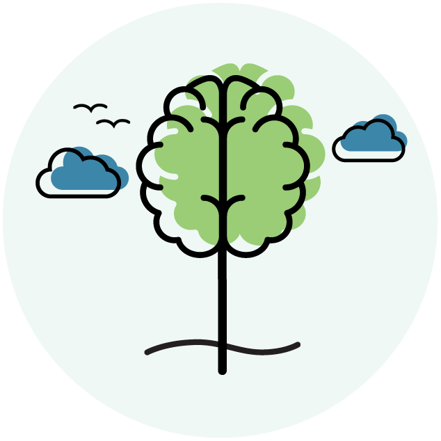 A tree with a brain and clouds graphic