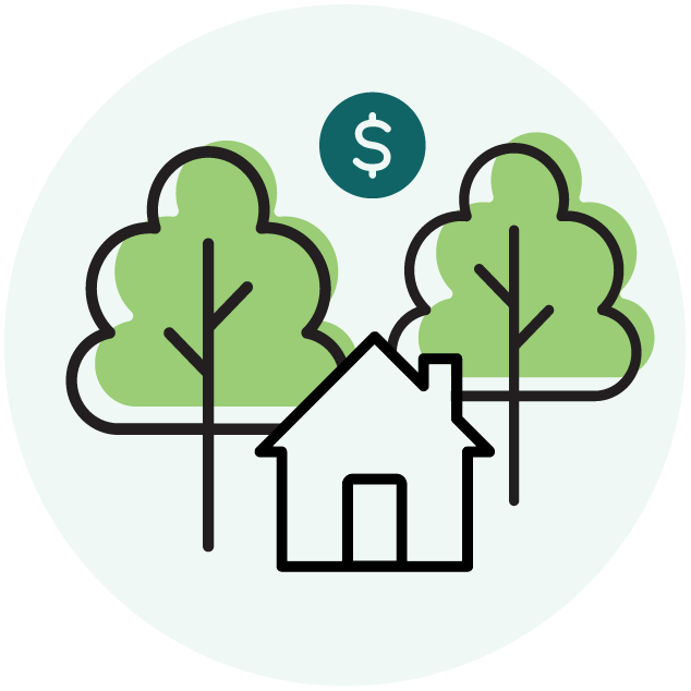 A house and trees with a dollar sign graphic