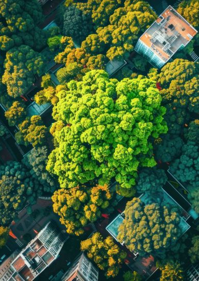 Aerial view of trees surrounding skyscrapers