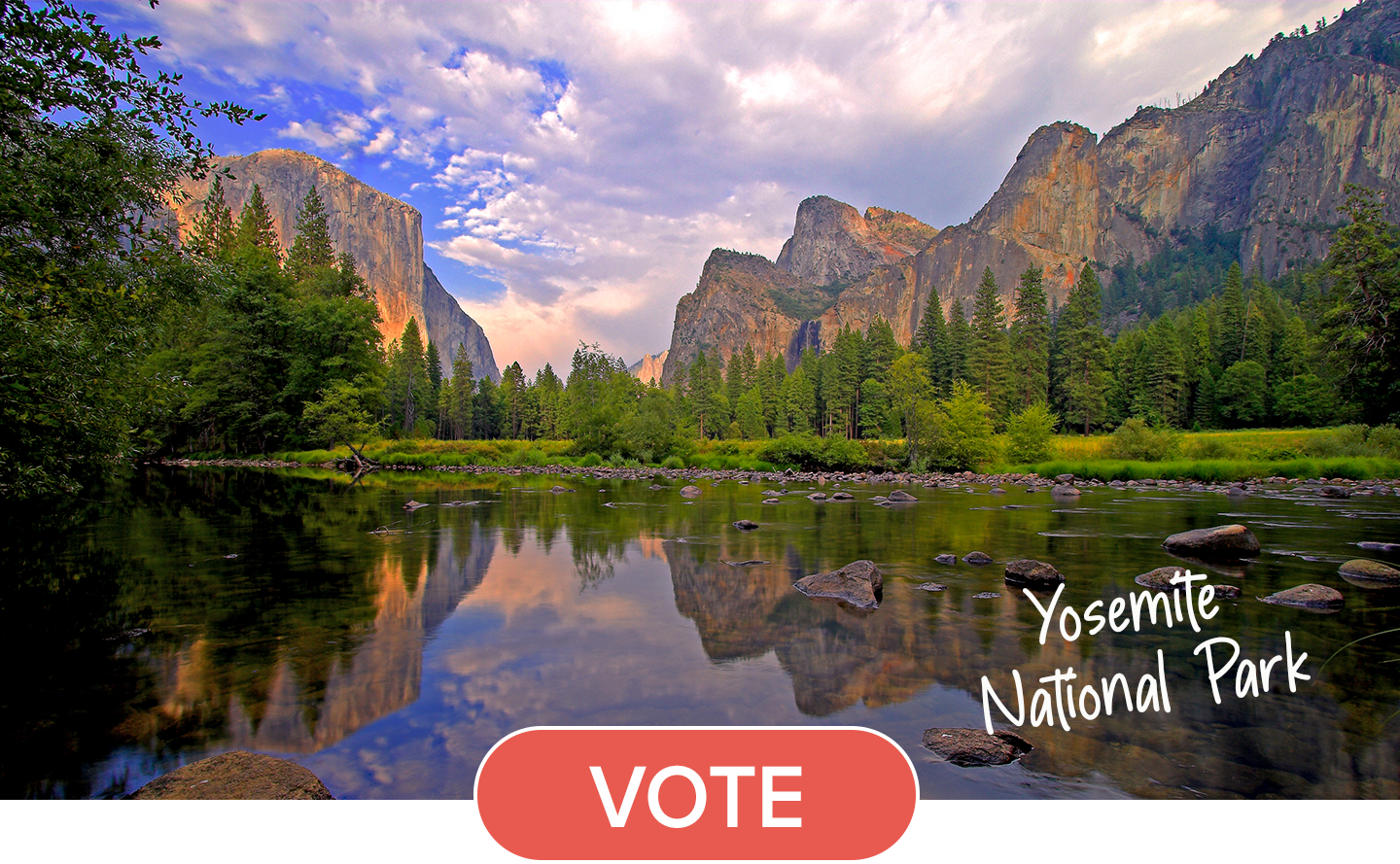 Sunset-kissed mountains reflect in a clear lake at Yosemite National Park. A red button with the word "Vote" is layered over the bottom of the image.