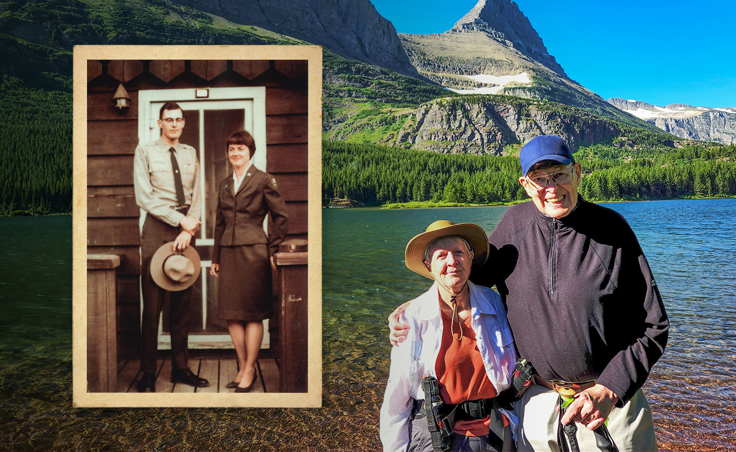 A composite photo featuring married couple Becky and Larry Williams at Glacier National Park. A vintage photo of the couple from 1965 is overlayed over a more recent photo of the couple in their 80s.