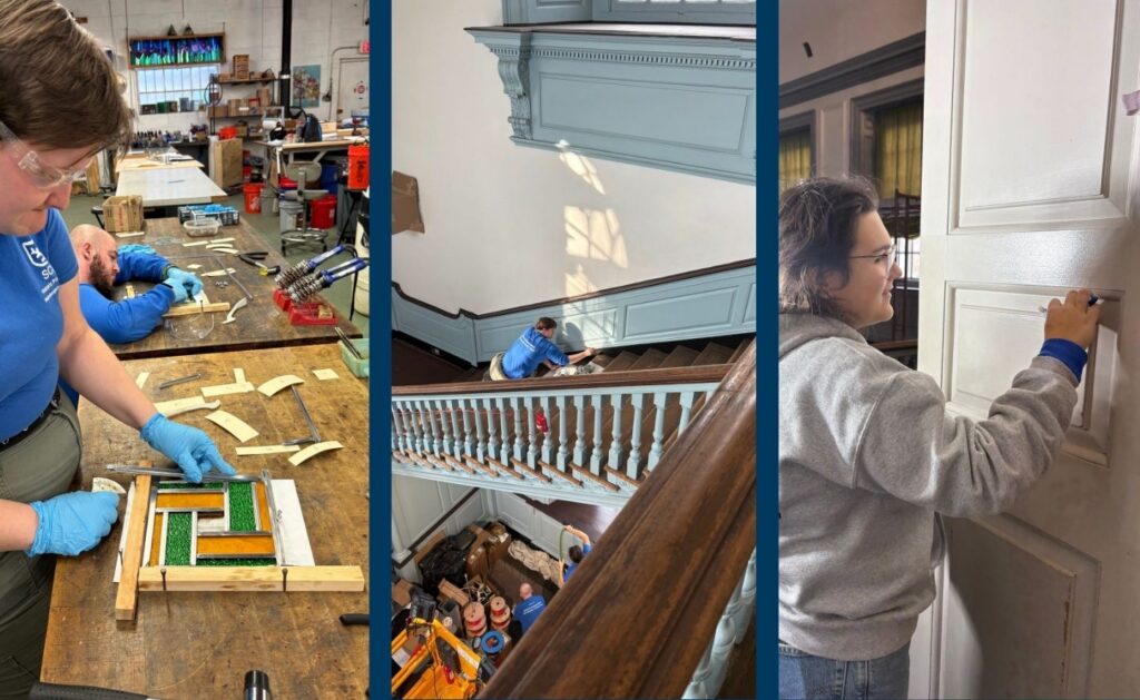Image collage shows renovations at Independence Hall, featuring focused restoration work, tool use, and woodworking, with people diligently engaged in each task.