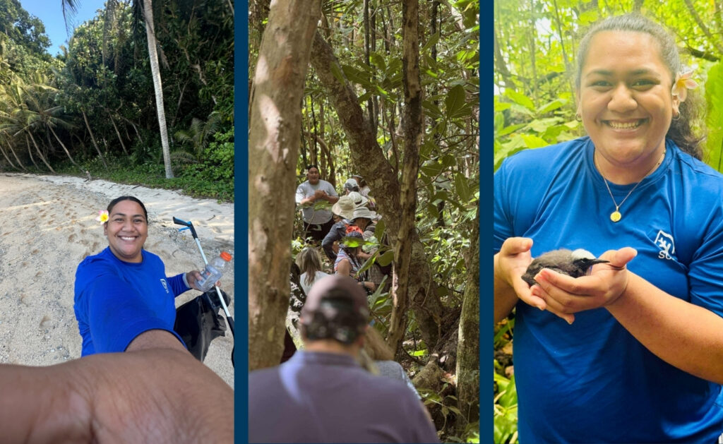 A three-panel photograph documents a woman’s outdoor nature excursion in a tropical forest. Left panel shows her beside a sandy shoreline, center panel shows a group hiking through dense vegetation, and right panel shows her smiling while holding a small dark animal.