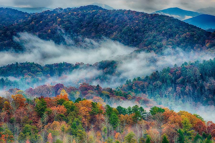 Fall foliage and mountains covered in foggy haze